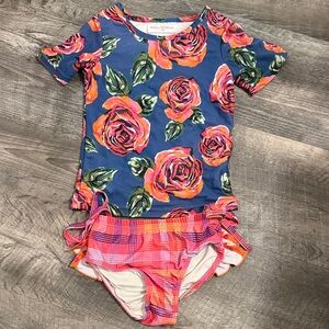 Oopsie Daisy Girls' Navy Floral Rash Guard Swim Set - Pink & Orange